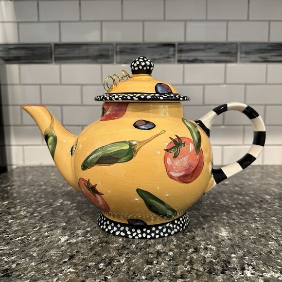 Vtg Droll Designs Ceramic Tea Pot Hand Painted Signed Veggie Tomato Pepper Olive - Picture 3 of 13